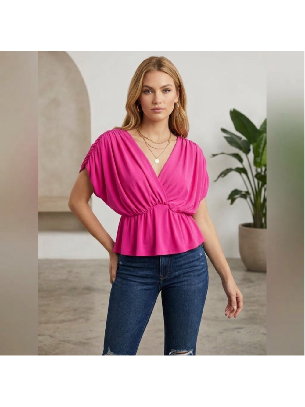 Express Womens Blouse Top Peplum Hot Pink V-Neck Ruched Puff Sleeve Barbiecore